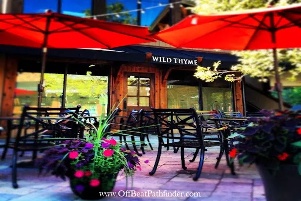 Patio dining at Wild Thyme Gourmet (343 Main St, Highlands, NC)