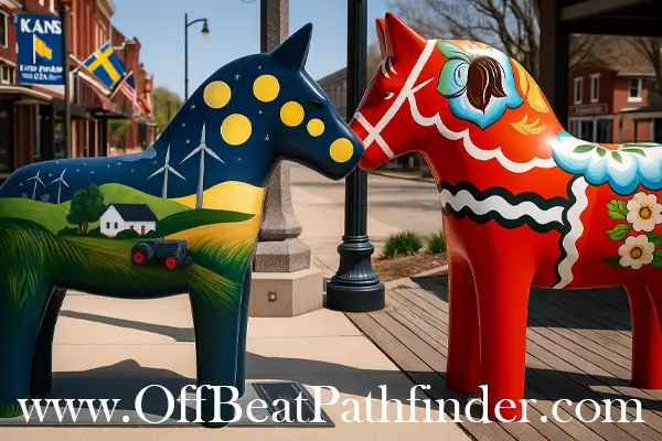 Quaint shops and Dala horses in Downtown Lindsborg