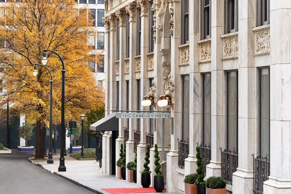 The elegant, historic lobby of The Candler Hotel