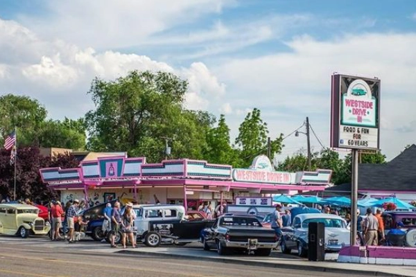 The retro neon sign of Westside Drive-In