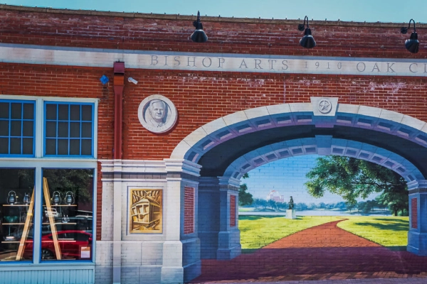 A vibrant mural in the Bishop Arts District of Oak Cliff
