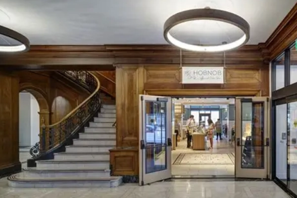 The historic, grand lobby of the Hotel Fort Des Moines