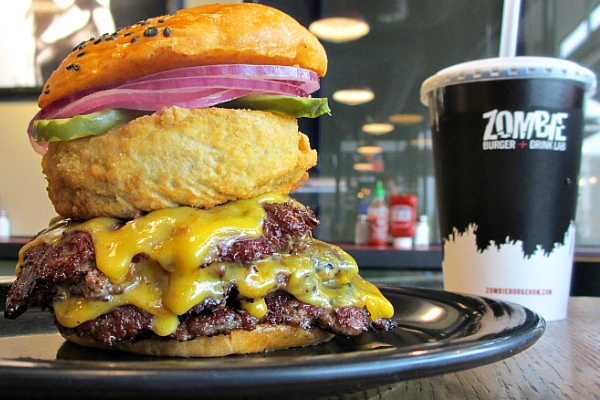 A gourmet bacon burger from Zombie Burger + Drink Lab