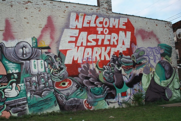 Colorful street art on a shed in Detroit's Eastern Market