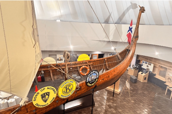 The Hjemkomst Viking ship replica inside the museum