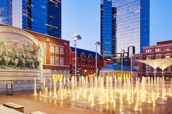 Brick sculptures and historic storefronts in Sundance Square