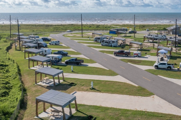 A campsite with a view of the bay at Galveston Island State Park