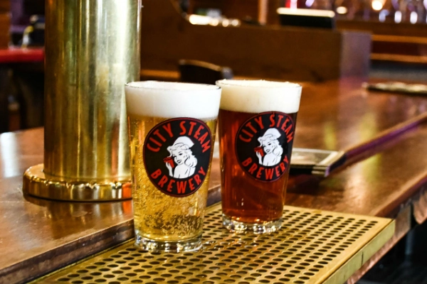Craft beer and pretzels at City Steam Brewery Cafe