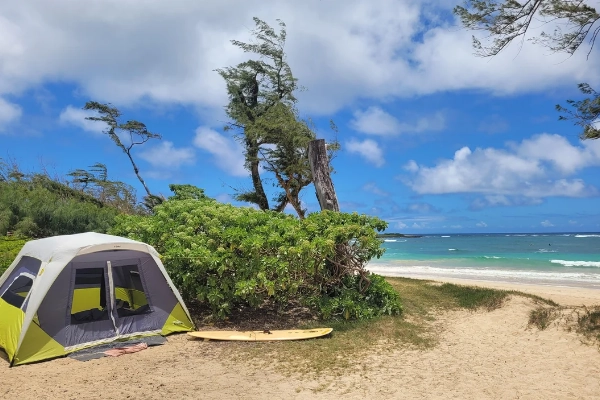 An oceanfront campsite at Malaekahana Beach Campground