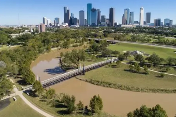 The Houston skyline viewed from Buffalo Bayou Park