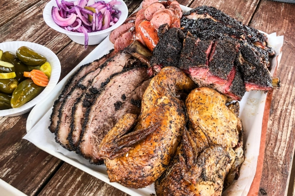A tray of brisket and ribs from Killen’s Barbecue