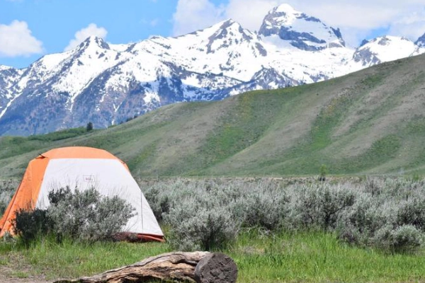 A campsite with a view of the Tetons at Gros Ventre Campground