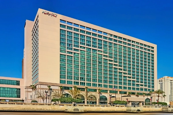 A modern room with a riverfront view at the Hyatt Regency