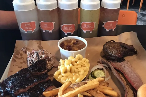A plate of BBQ brisket from The Bearded Pig