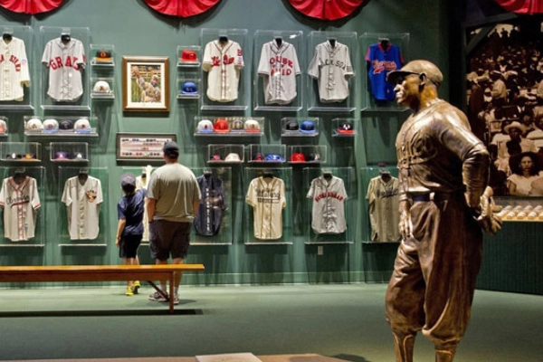 An exhibit dedicated to Satchel Paige at the Negro Leagues Baseball Museum