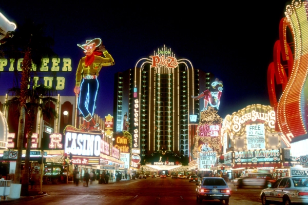 The retro-style exterior of the Plaza Hotel downtown