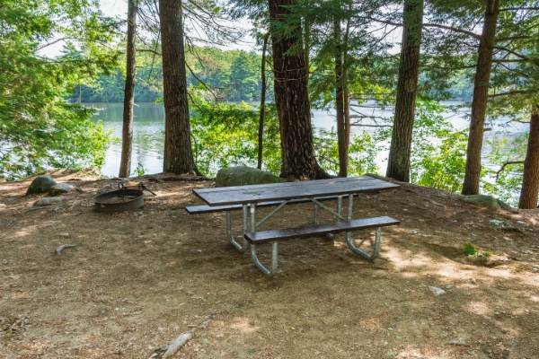 A campsite with a view of the lake at Pawtuckaway State Park