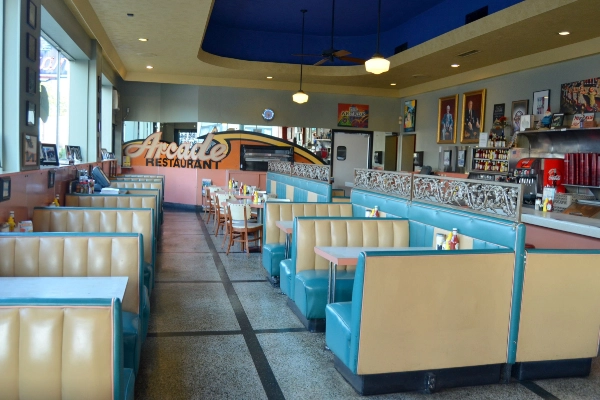 The retro diner interior of The Arcade Restaurant