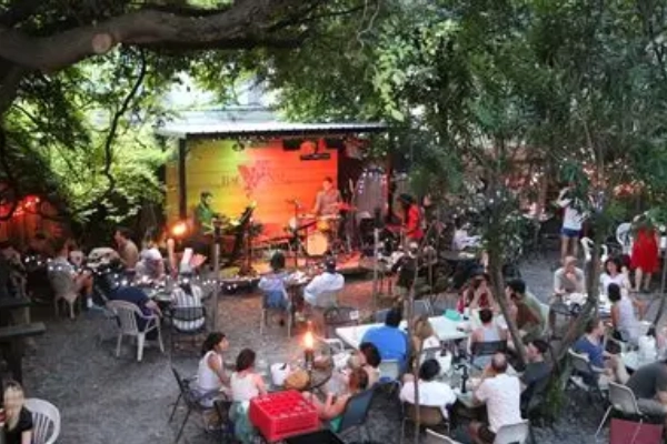 The quirky backyard dining area at Bacchanal