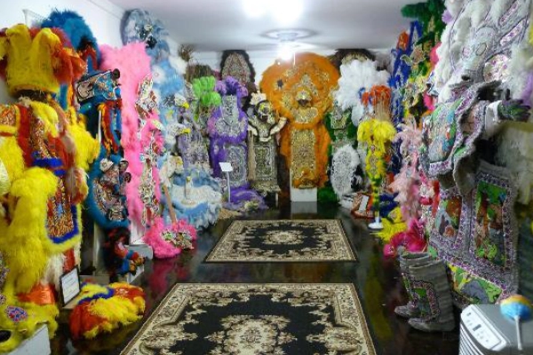An elaborate Mardi Gras Indian costume at the Backstreet Cultural Museum