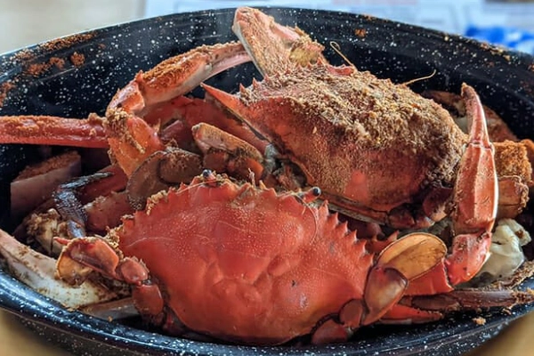 A pile of steamed blue crabs from the Crab Bag