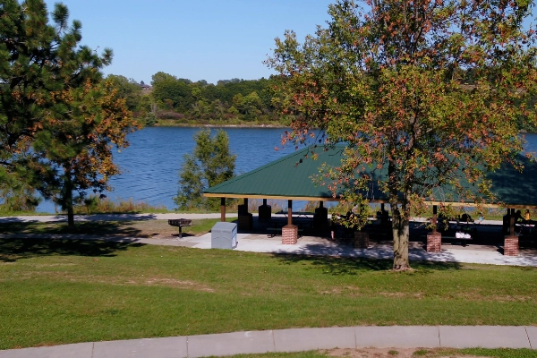 A campsite with a view of the lake at Glenn Cunningham Lake
