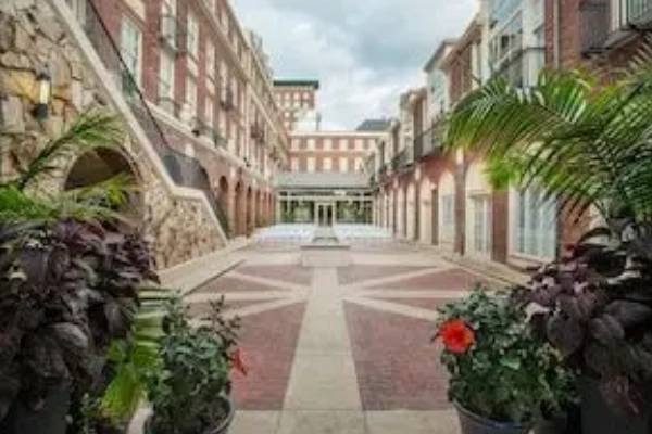 The elegant, historic lobby of the Magnolia Hotel Omaha