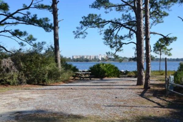 A campsite near the lagoon at St. Andrews State Park