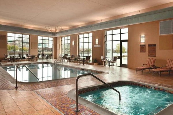 A modern room at the Embassy Suites in East Peoria