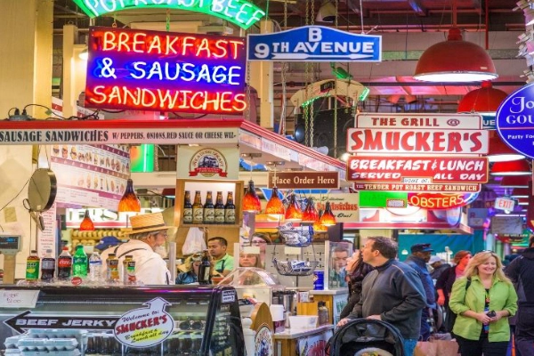 A bustling scene inside Reading Terminal Market