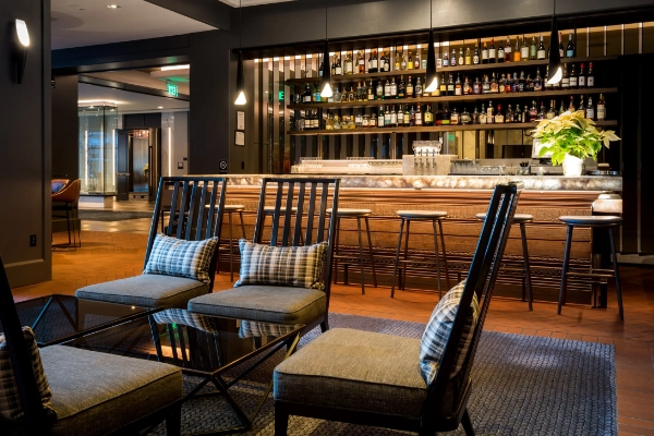 The modern, elegant lobby of The Logan hotel