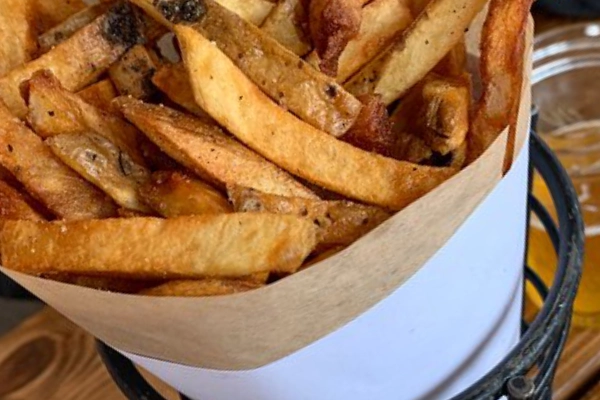 A cone of Belgian fries from Duckfat