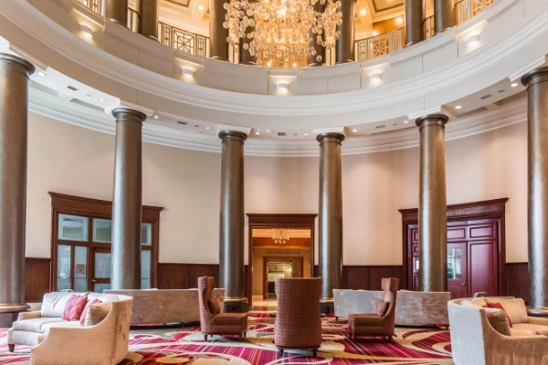 The elegant lobby of the Omni Providence Hotel