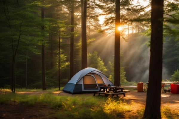 A campsite in the woods at William B. Umstead State Park