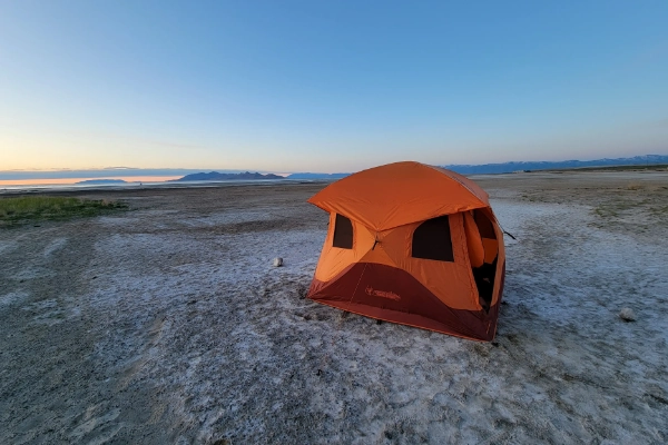 A campsite with a view of the Great Salt Lake