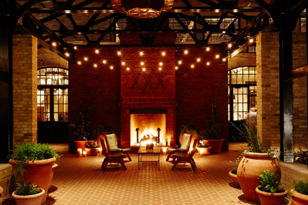 The industrial-chic lobby of Hotel Emma