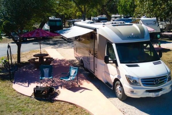 A campsite along the river at the San Antonio KOA