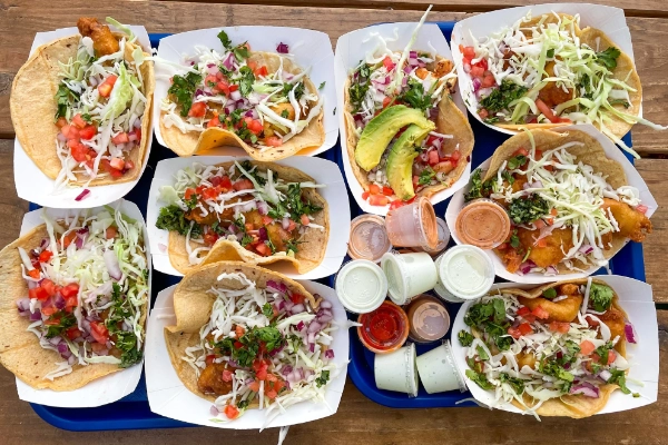 A plate of fresh fish tacos from Oscar’s Mexican Seafood