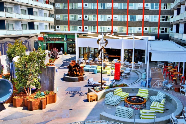 The quirky, nautical-themed courtyard of Hotel Zephyr