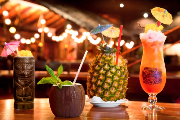 The Polynesian-themed interior of the Tonga Room tiki bar
