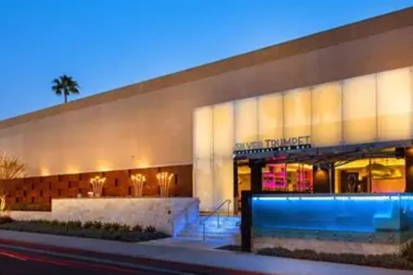 The elegant, lakeside lobby of the Avenue of the Arts Costa Mesa