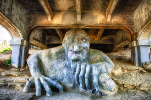 The Fremont Troll sculpture under the Aurora Bridge