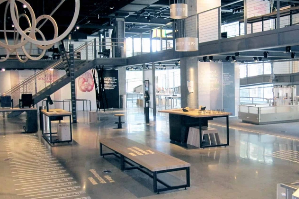 A quirky robotic arm exhibit at the Mobius Discovery Center