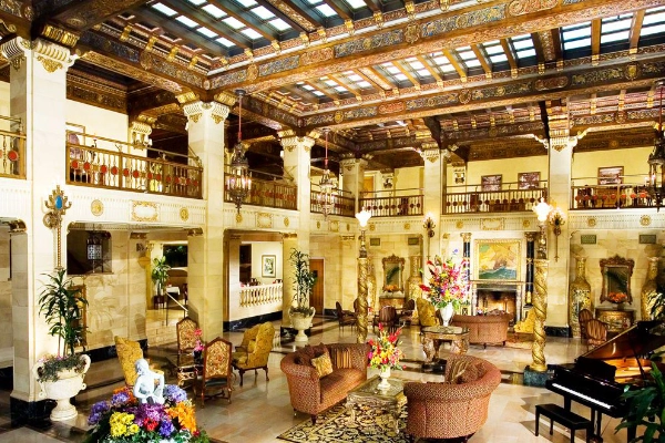 The opulent, historic lobby of The Historic Davenport Hotel