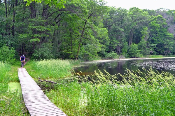 A campsite with a view of the lake at Lebanon Hills Regional Park