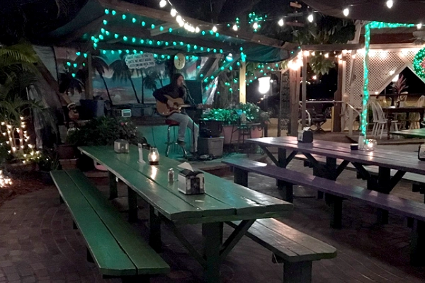 A plate of fish and chips in the quirky backyard patio of The Chattaway