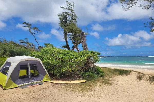 A campsite on the beach at Malaekahana State Recreation Area