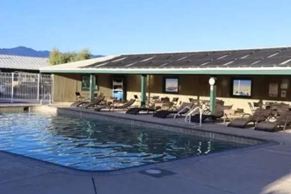 The rustic exterior of the Stovepipe Wells Village Hotel