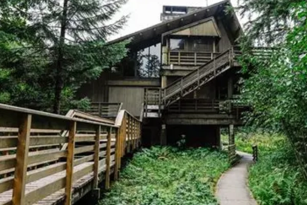 The elegant Glacier Bay Lodge with a view of Bartlett Cove