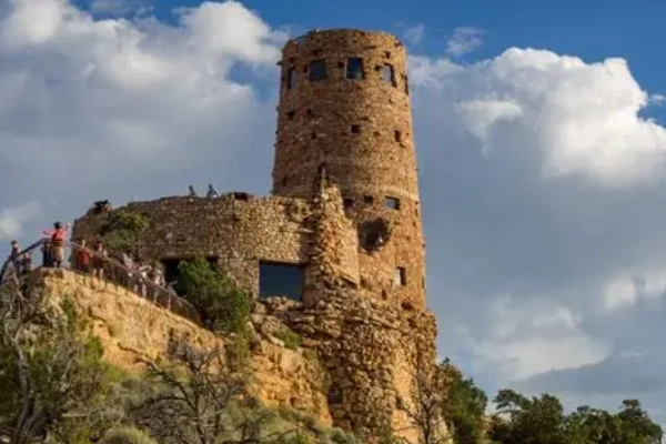 The historic stone Desert View Watchtower overlooking the Grand Canyon